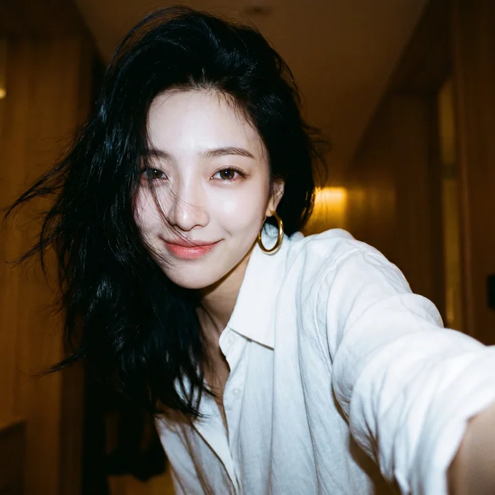 Portrait selfie avec cheveux soufflés par le vent, lumière chaude et tamisée, rendu pellicule