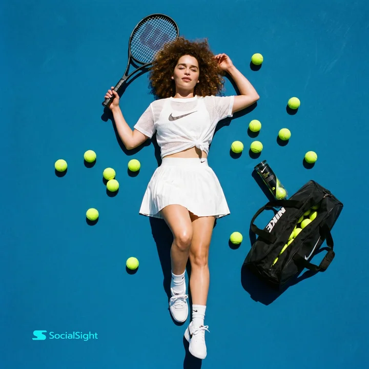 Blue tennis court fashionable girl flat lay composition blockbuster