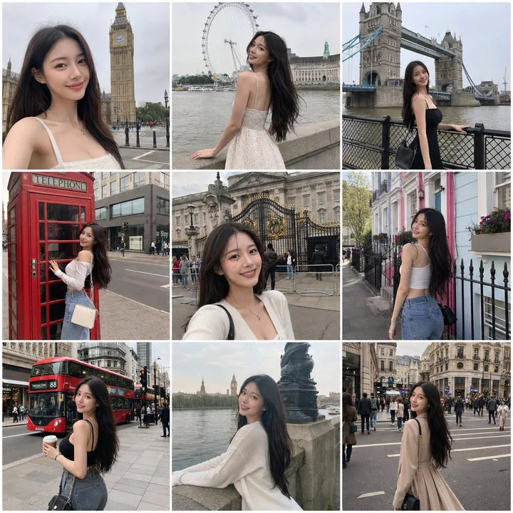 Mots-clés de photographie pour une grille de neuf fragments de voyage à Londres d’une belle Coréenne