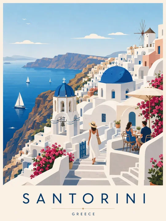 サントリーニのミニマリズム・ベクター旅行イラストポスター
