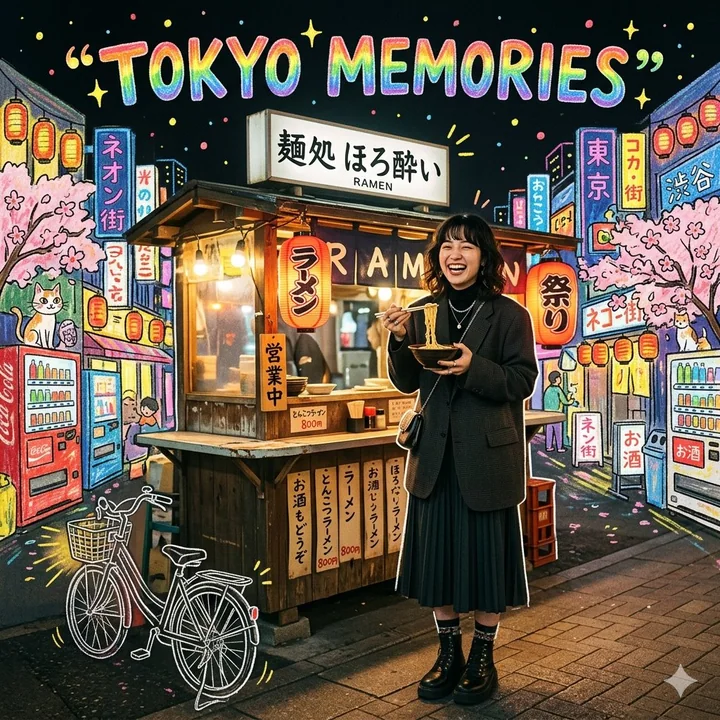 Jeune fille à la mode dans la nuit de Tokyo avec un fond dessiné à la main au crayon pastel