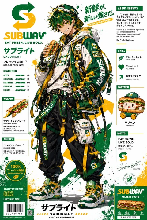 サイバートレンドなテックウェア風ファストフードブランドのマスコットポスター