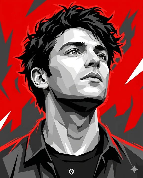 Portrait vectoriel d’un jeune homme dans un style cyberpunk géométrique rouge et noir