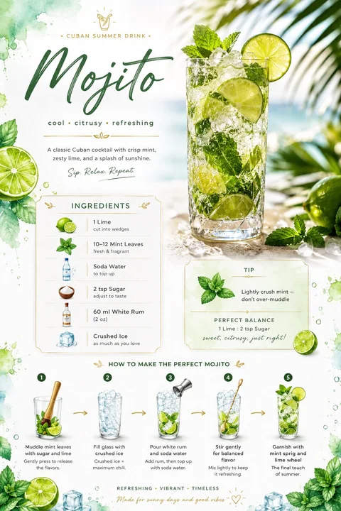 Carte de recette moderne minimaliste pour la boisson estivale Mojito