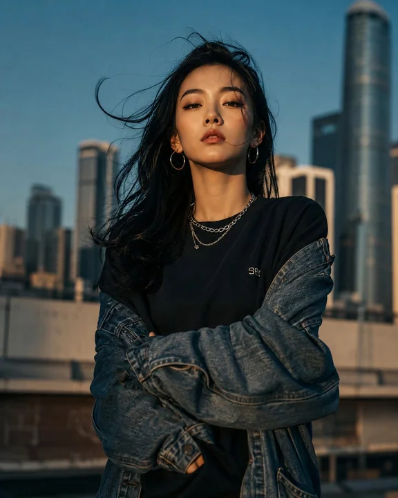 城市天际线下的时尚东亚女性肖像