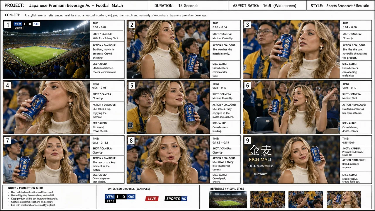 スポーツ広告の絵コンテ脚本、超写実的なサッカー場の金髪女性