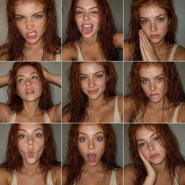 Portraits d’une belle femme aux cheveux roux et aux yeux verts en grille de neuf avec expressions faciales FACS
