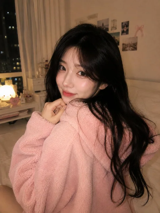 Portrait d’une personne en sweat-shirt rose dans une chambre chaleureuse de style coréen