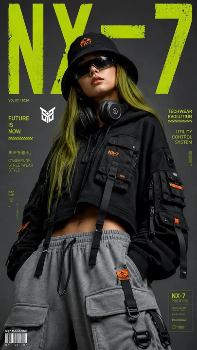 Couverture de magazine mode : portrait d'une personne avec des cheveux verts moussus et un style fonctionnel