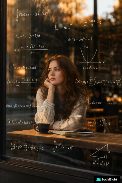 Mathematical girl contemplating by the window, cinematic photography