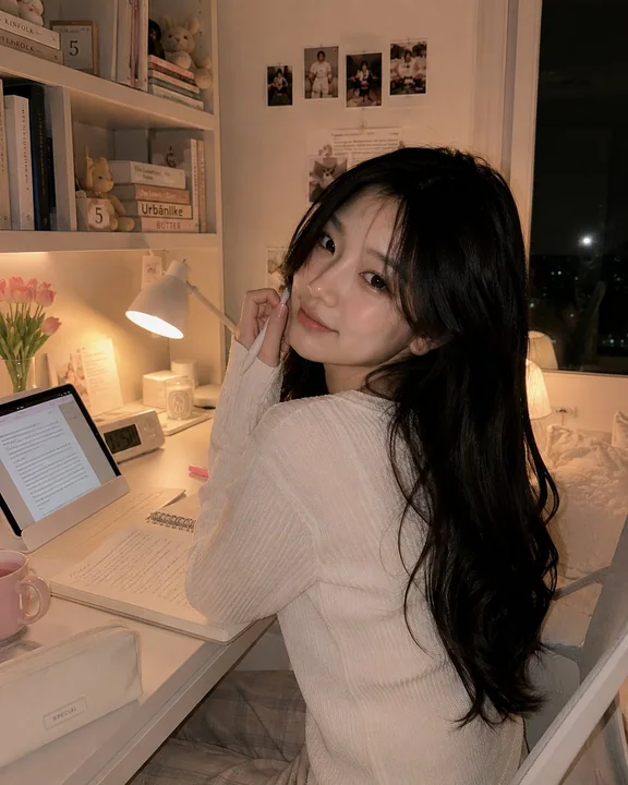 奶油色トーンの韓国風少女の深夜の書斎での温かみのあるポートレート