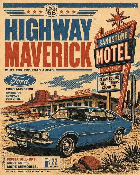 1970s retro car travel poster style