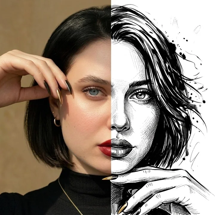 A portrait in a dual style combining semi-realism and ink wash hand-drawing