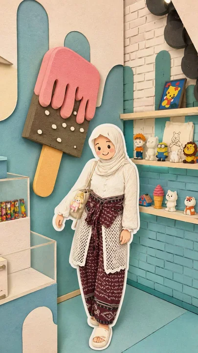 تصوير بأسلوب قصاصات الورق لفتاة مسلمة لطيفة ذات طابع شافٍ ومريح