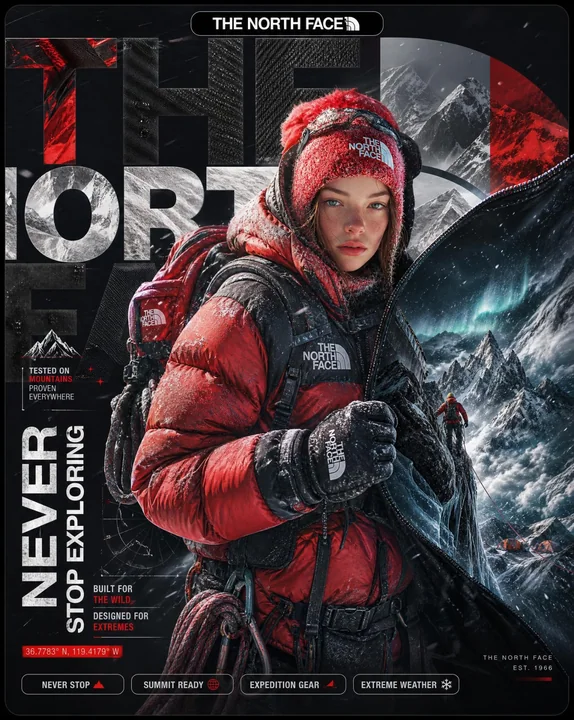 Сверхреалистичный визуальный постер полярной экспедиции The North Face