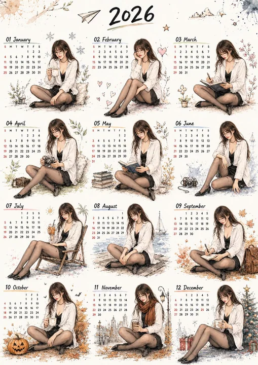 2026 hand-painted watercolor healing-style year-round calendar poster