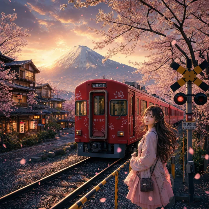 A red train and a girl beneath Mount Fuji during cherry blossom season