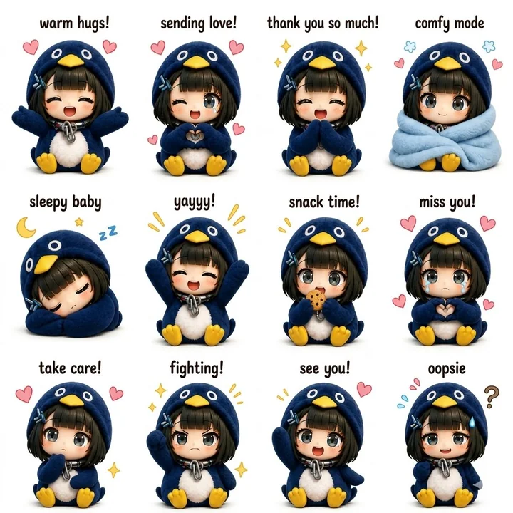 Autocollants d’expressions style chibi d’une jeune fille avec une capuche de manchot bleu, dans un univers apaisant