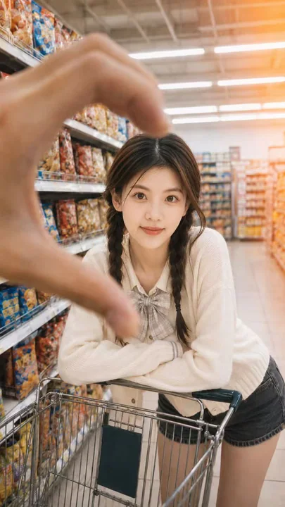 Scène chaleureuse de supermarché, ambiance apaisante, quotidien d’une jeune fille au style réconfortant