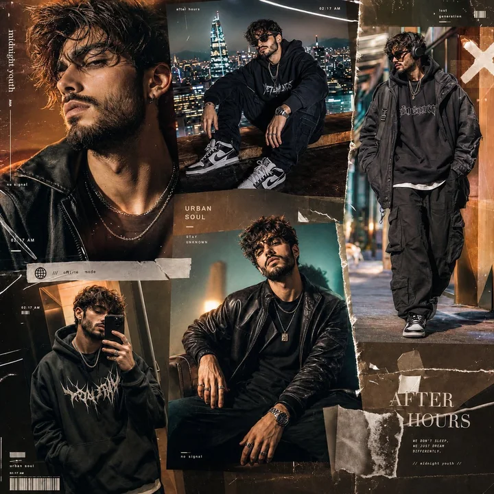 Affiche de collage de mode mettant en scène un mannequin masculin de rue au luxe de minuit