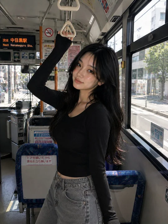Korean girl on a Japanese bus, realistic portrait