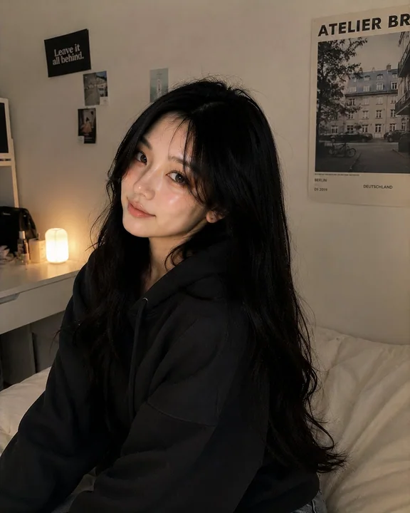 超写実的な韓国の少女の温かみのある寝室ポートレート