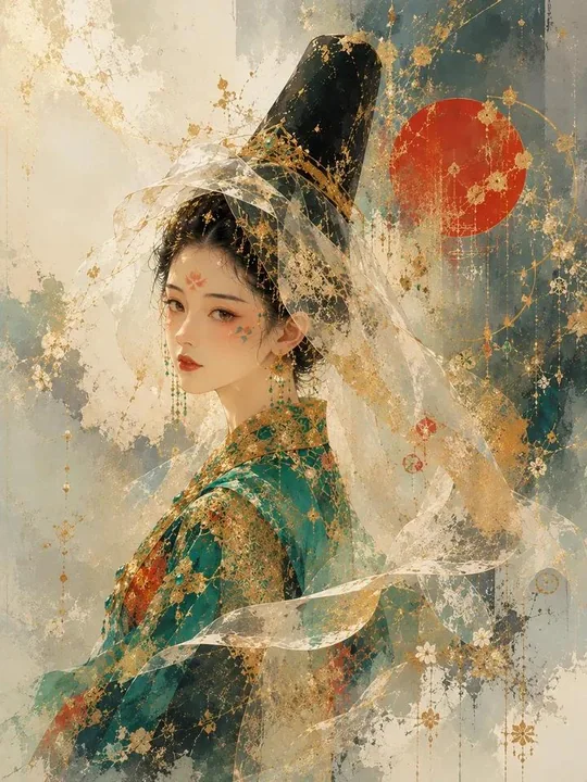 超細密で幻想的な東アジアの姫の韓服をまとった水彩肖像