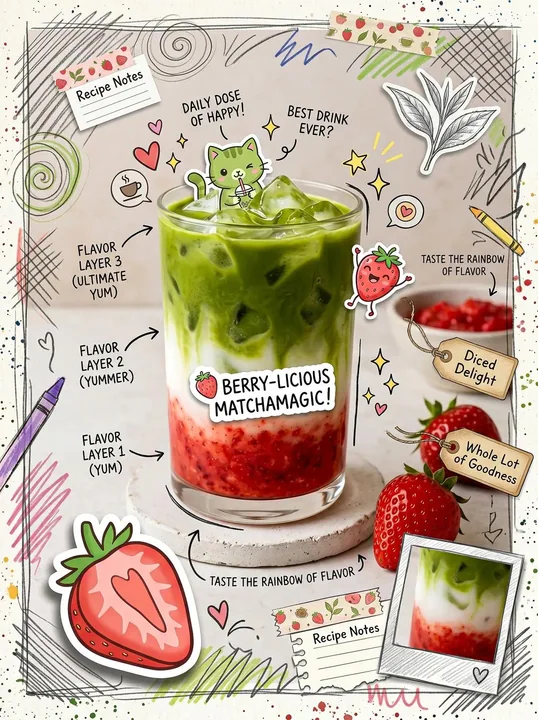 Cute matcha latte scrapbook-style poster