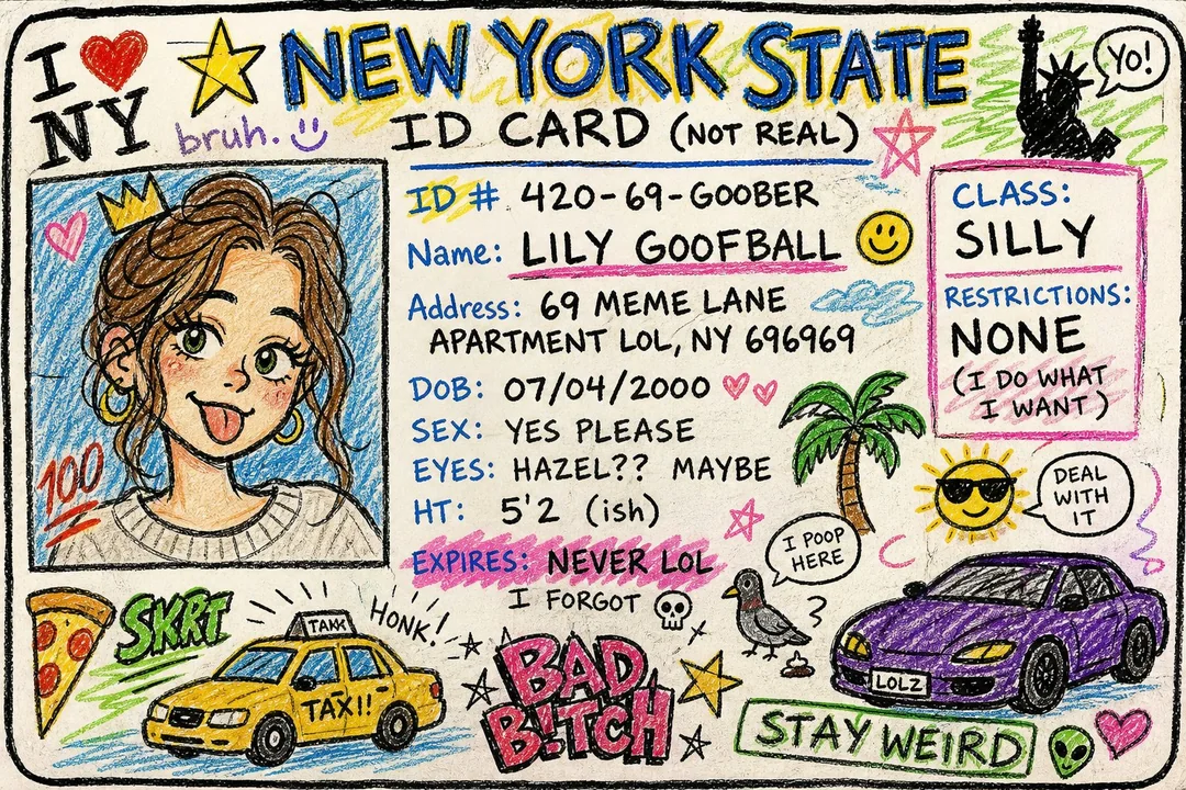Crayon doodle style fake New York ID card