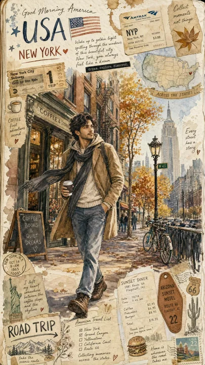 Carnet de voyage aux États-Unis avec dessins à la main et illustrations