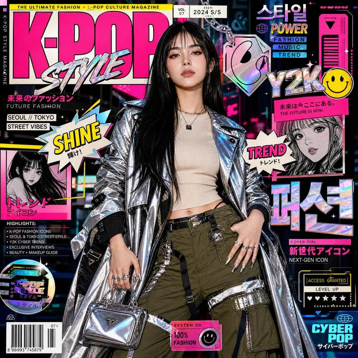Высокостилизованная модная журнальная обложка в стиле K-pop с футуристическим уличным вайбом