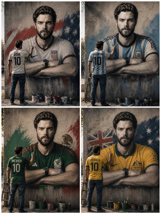 رجل يرتدي قميص منتخب الأرجنتين يرسم صورة ذاتية سريالية على الحائط