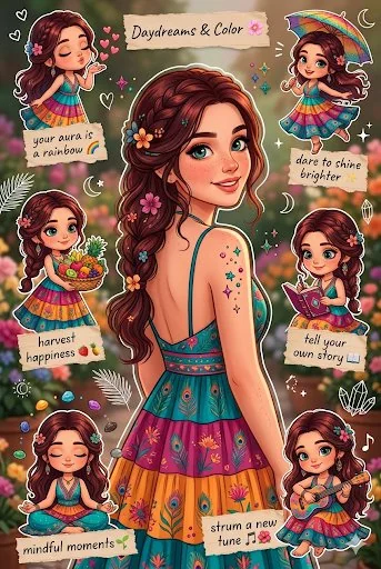 Illustration d’autocollant de jeune fille fleurie au style bohème