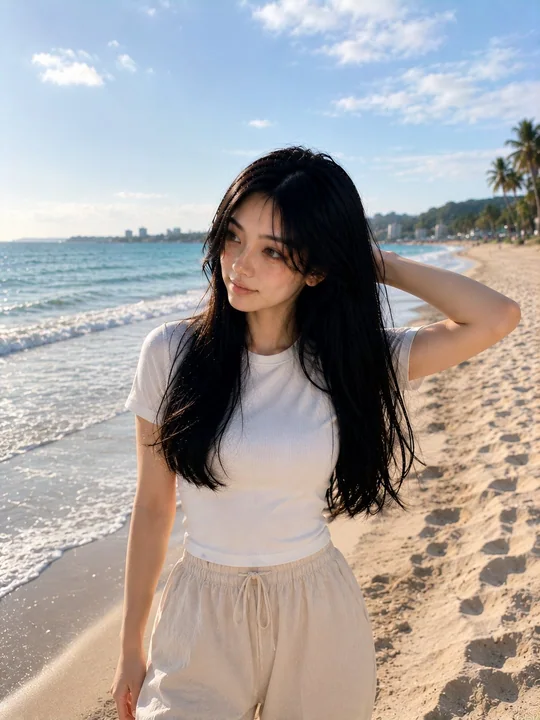 超写実的な韓国系美女の海辺の夕焼けポートレート