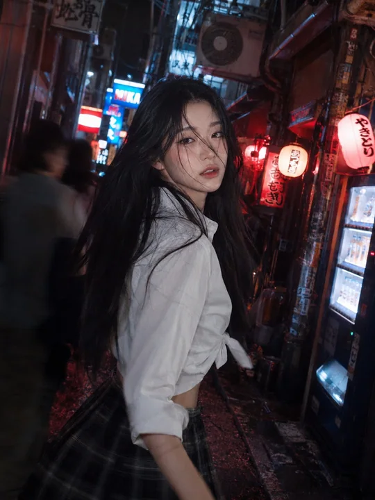 Photographie d’une jeune fille au néon dans une ruelle étroite de Tokyo, avec un fort grain.