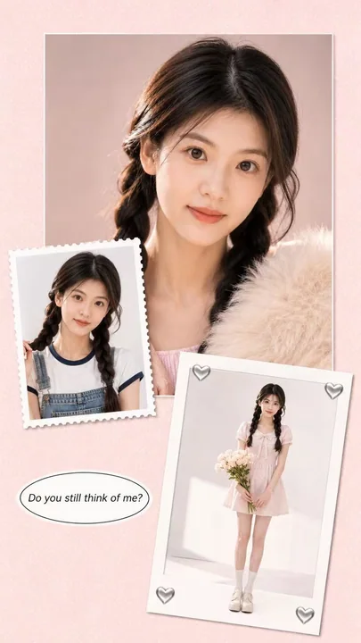 柔らかな写実的なスタジオポートレートの手帳風コラージュポスター