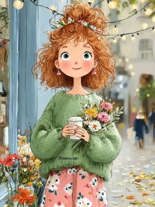 ファンタジックなウォーターカラーファインダーのヨーロッパの街の女の子のイラスト