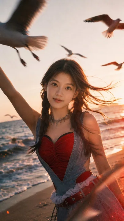 夕焼けの海辺で撮影されたリアリスティックなポートレート