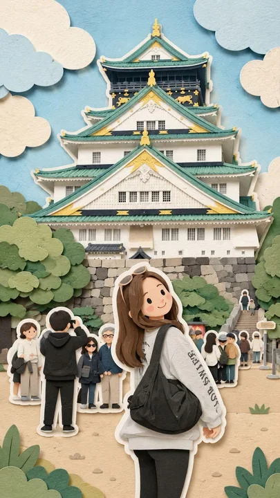 Modèle de voyage en perspective de papier découpé style japonais mignon et fantastique