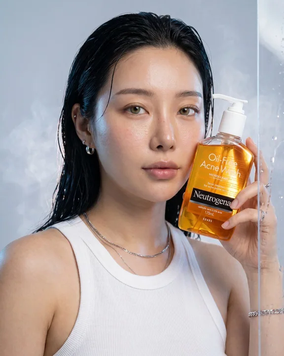 Neutrogena Oil-Free Acne Wash ultra-realistic advertising poster