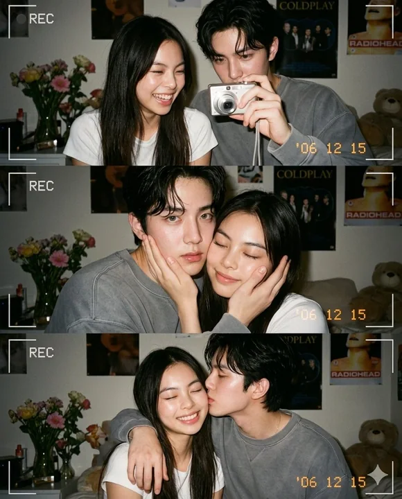 2000年代の寝室での青春カップルのノスタルジックなスナップ写真