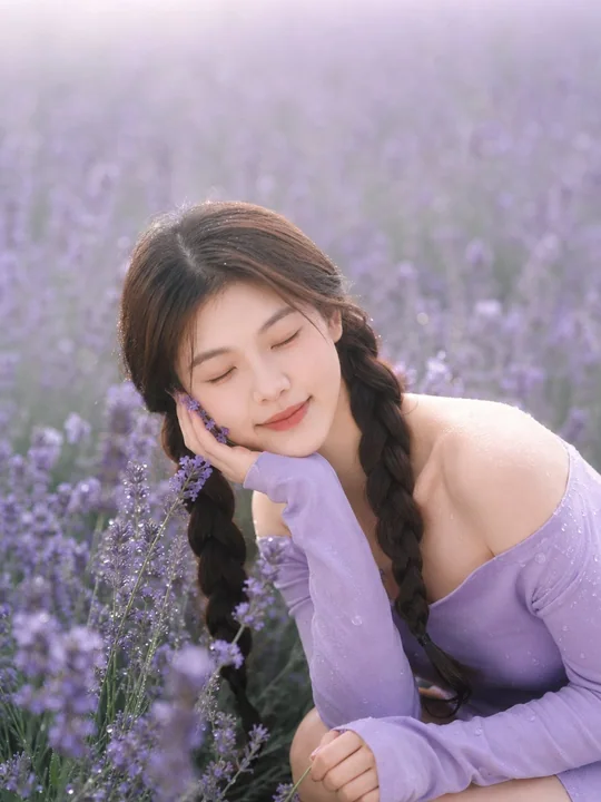 Photographie de portrait réaliste et onirique dans un champ de fleurs de lavande