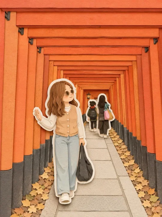 Kyoto torii traversant une jeune fille d’anime en style de sculpture sur papier