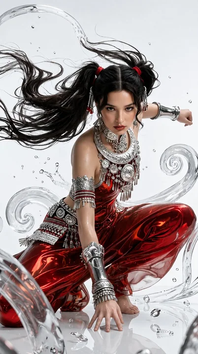 Dynamic pose red-clad fantasy warrior girl