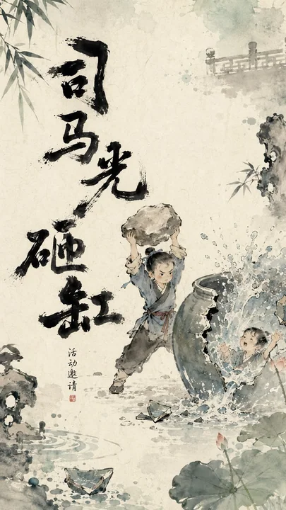 Affiche visuelle dynamique de style peinture chinoise de l'Est, "Emprunt de flèches par des bateaux de paille"