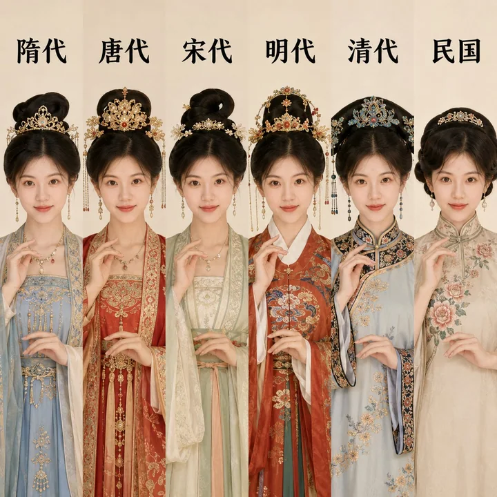 Chinese historical costumes six-grid portrait collage
