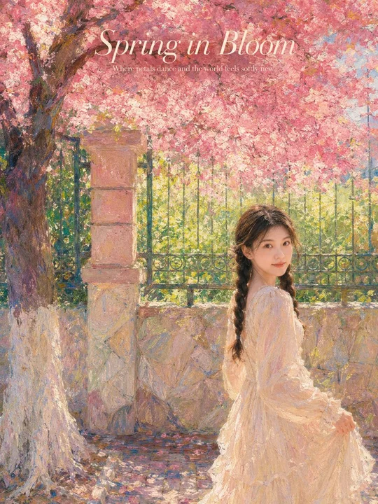 夢幻の春の桜 インプレッショナリスト油絵風人物ポスター