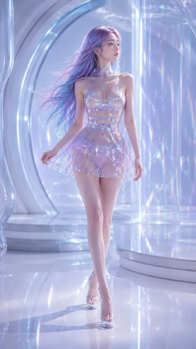 Futuristic fashion portrait of an Asian woman with laser-colored hair