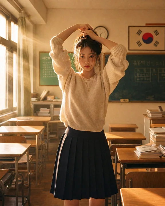 Surreal Korean female portrait writing on a blackboard