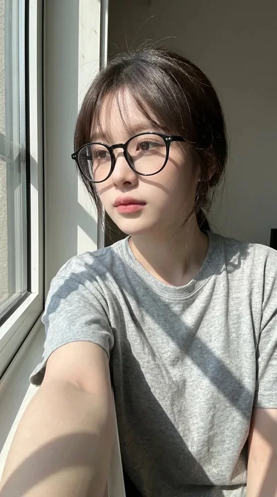 窓辺の自然光の中で、女性がスマホでセルフィーを撮るリアルな人像